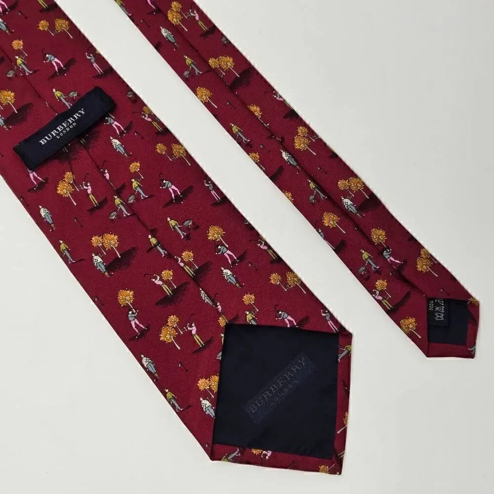 BURBERRY LONDON SILK TIE RED BURGUNDY AUTUMN FALL GOLF PATTERN 3.75